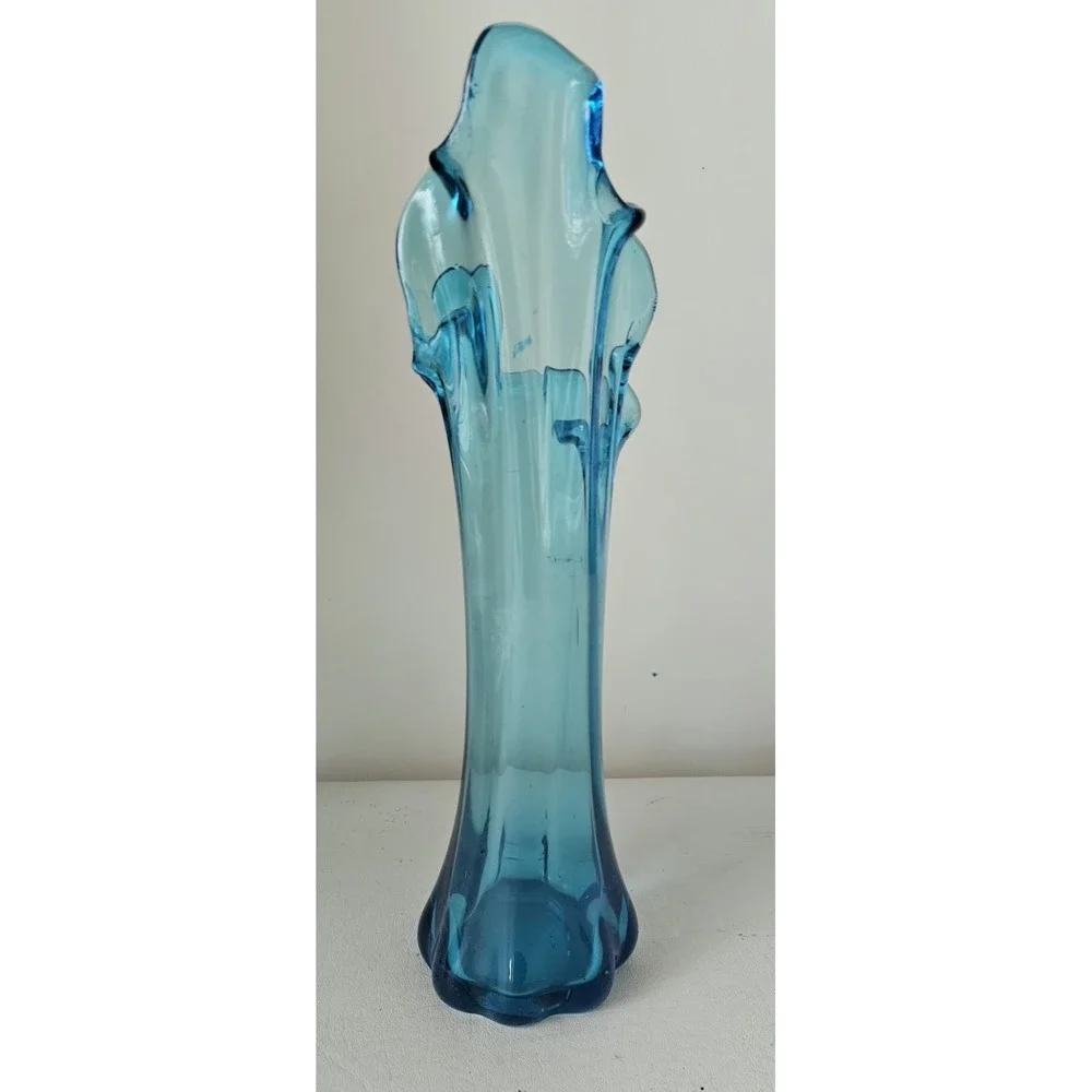 Vintage MCM Blue Swung Glass Vase 13